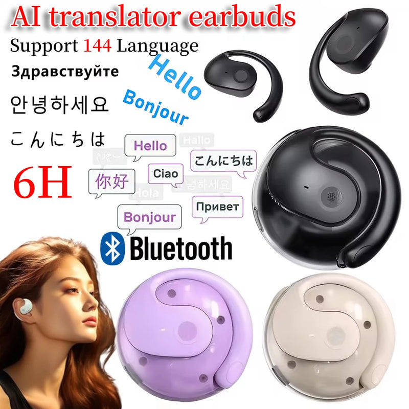Wireless Bluetooth AI Real-time Language Translation Earphones 144 Languages Ear Hanging Headphone Translator for Travel Busine